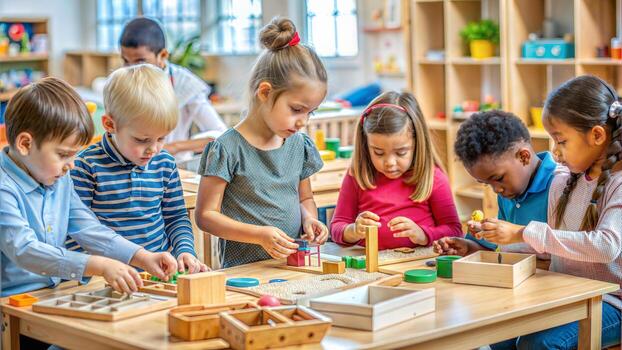 Montessori materyaliyle çalışan çocuk